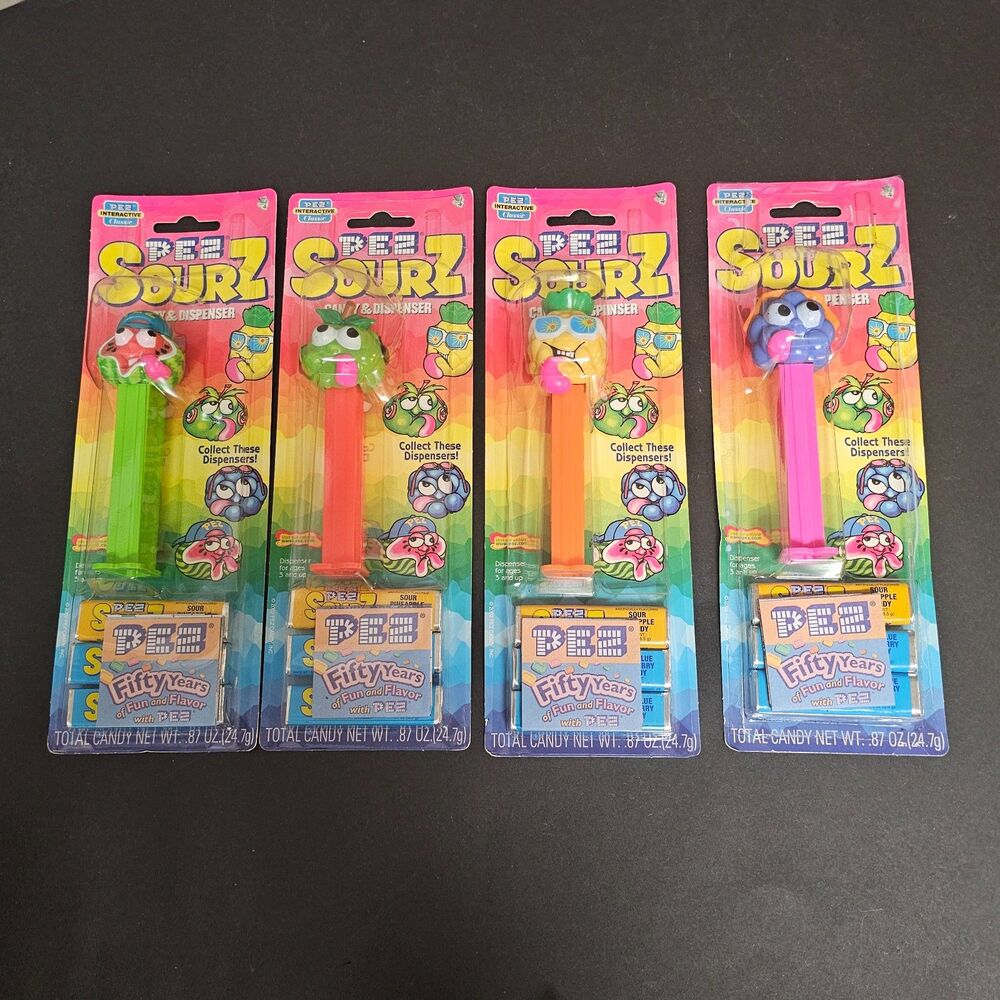 Pez Sourz Set of 4 New on Card Candy Dispensers 2003 Blue Raspberry Watermelon